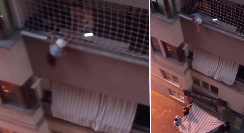 Balkonda endişe dolu anlar: Düşmesin diye dakikalarca tuttu