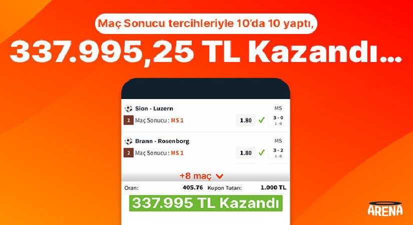 Maç Sonucu tercihleriyle 10’da 10 yaptı, 337.995,25 TL kazandı…