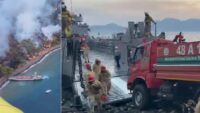 Marmaris’te orman yangını. Arazözleri çıkarma gemileri taşıdı