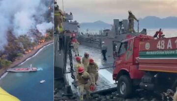 Marmaris’te orman yangını. Arazözleri çıkarma gemileri taşıdı