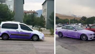 TIR yola boya dökmüştü: Araçların mora boyadığı anlar