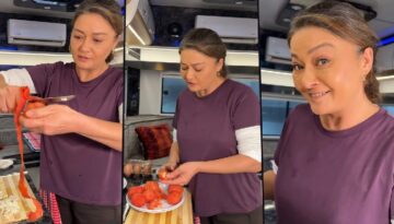 Nurgül Yeşilçay sette menemen yaptı. “Bol biberli ve soğanlı”